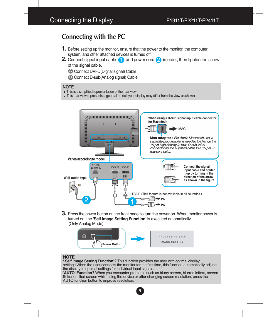 Connecting with the pc, E1911t/e2211t/e2411t, Connecting the display | LG E2211T-BN User Manual | Page 10 / 33