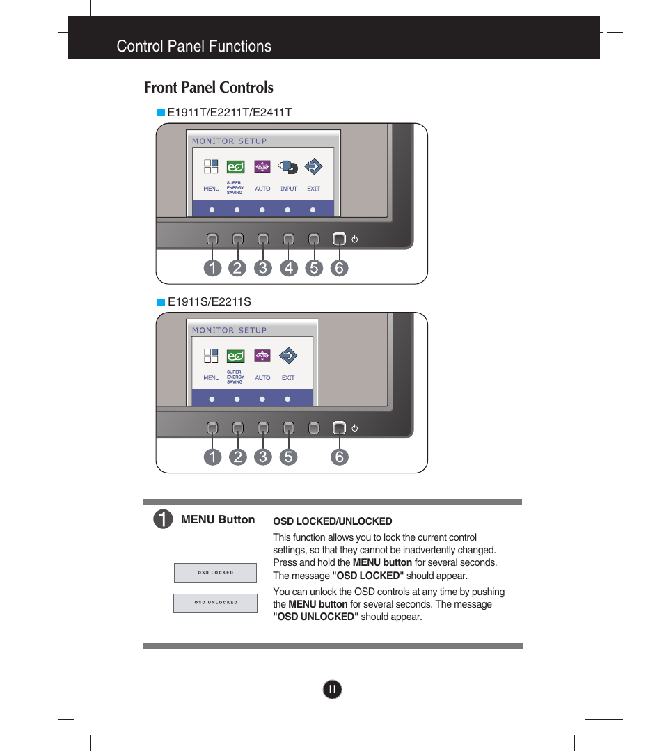 Control panel functions, Front panel controls, Control panel functions front panel controls | LG E2211T-BN User Manual | Page 12 / 33