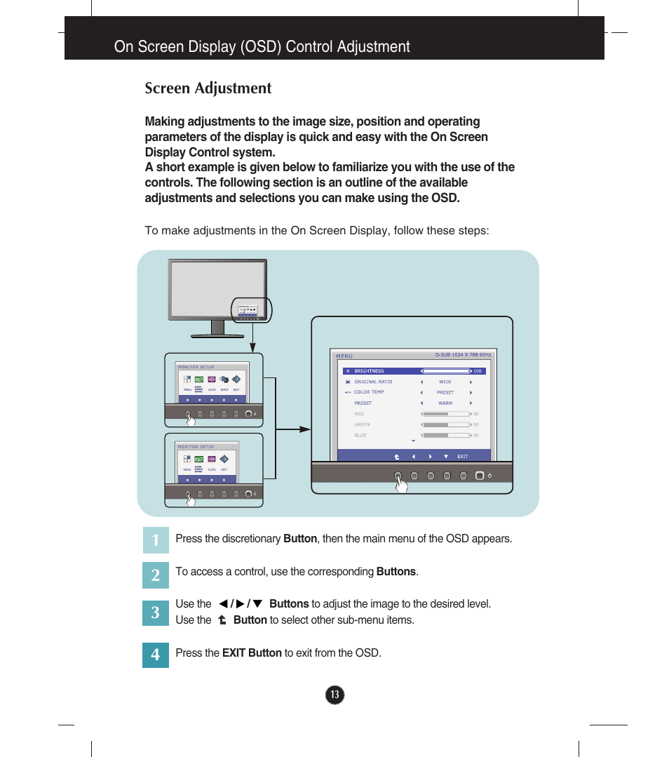 On screen display (osd) control adjustment, Screen adjustment | LG E2211T-BN User Manual | Page 14 / 33