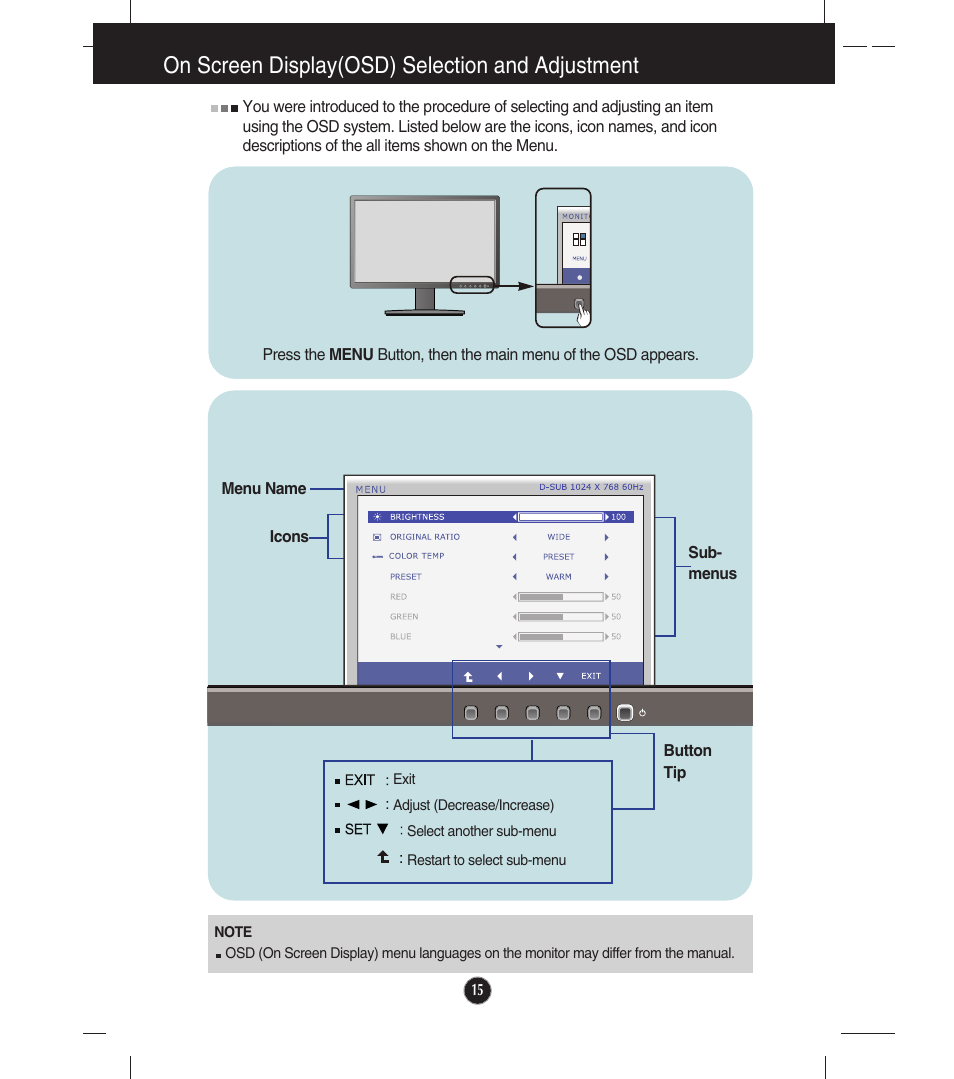 Menu, On screen display(osd) selection and adjustment | LG E2211T-BN User Manual | Page 16 / 33