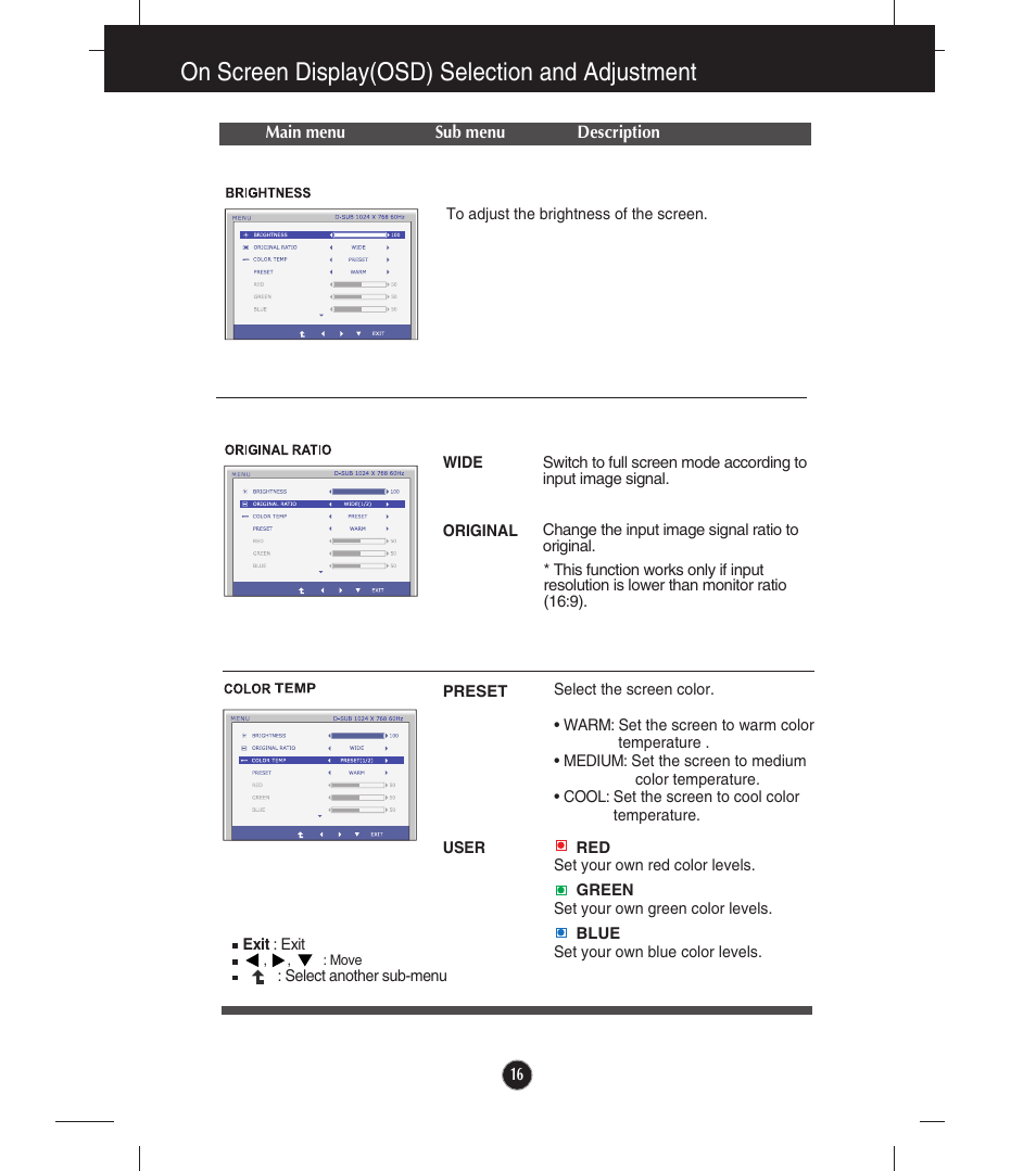 Brightness, Original ratio, Color temp | On screen display(osd) selection and adjustment | LG E2211T-BN User Manual | Page 17 / 33