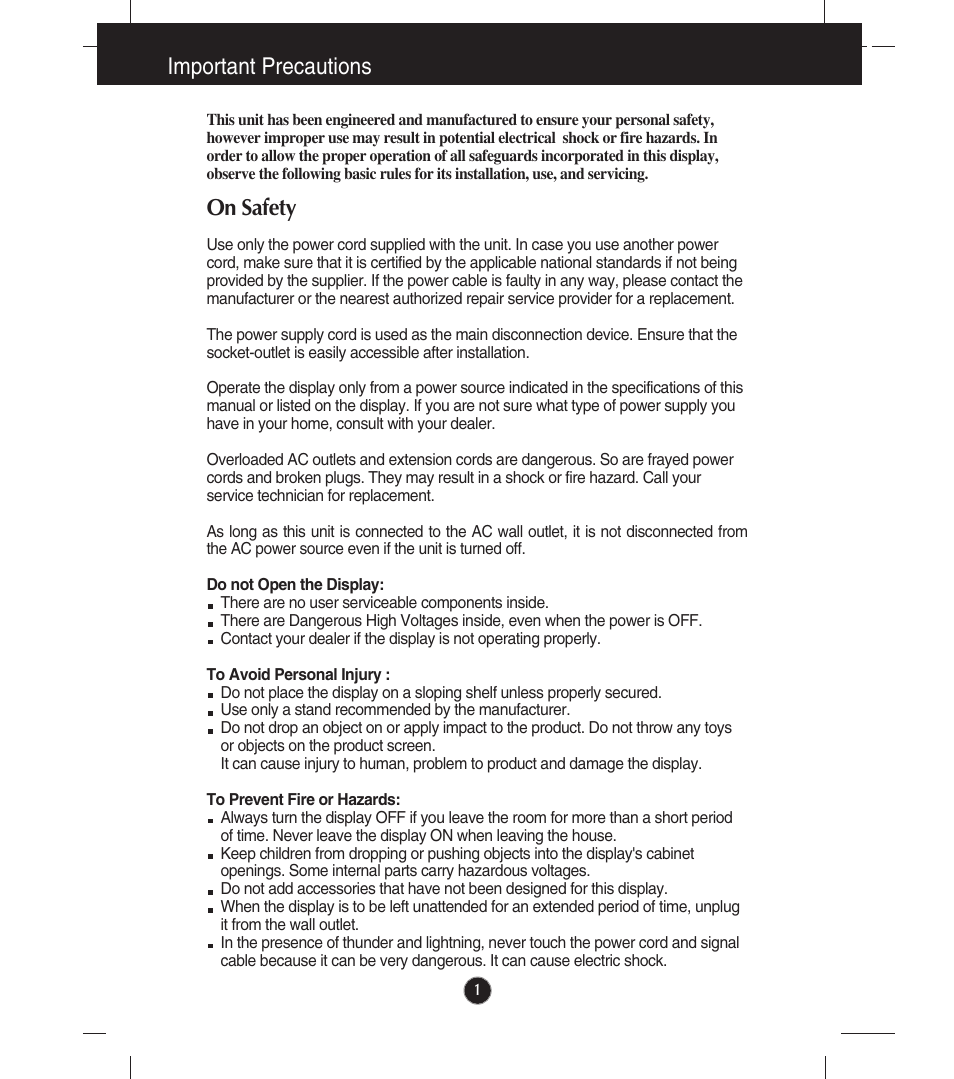 Important precautions, On safety | LG E2211T-BN User Manual | Page 2 / 33