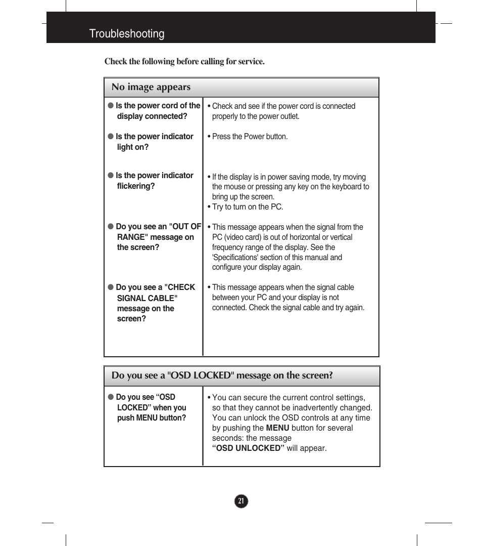 Troubleshooting, No image appears, Do you see a "osd locked" message on the screen | LG E2211T-BN User Manual | Page 22 / 33