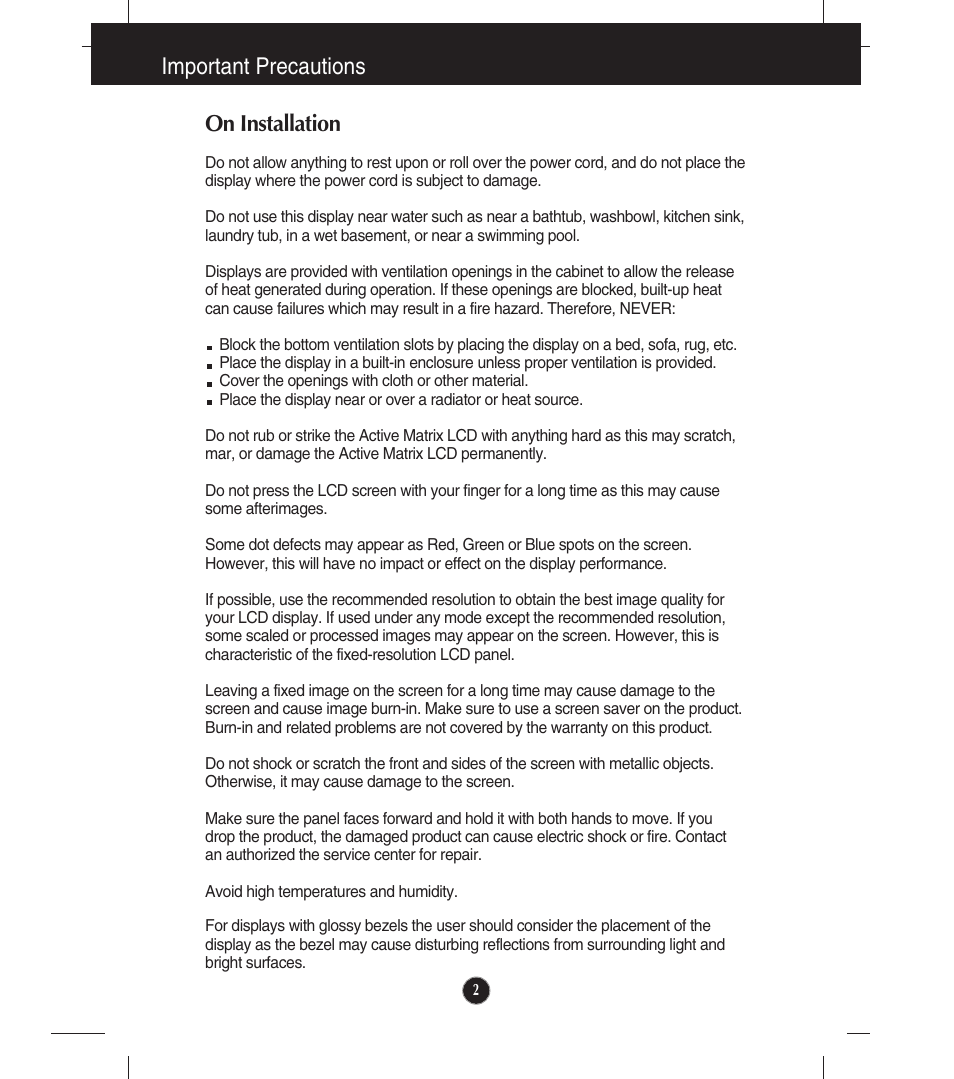 On installation, Important precautions on installation | LG E2211T-BN User Manual | Page 3 / 33