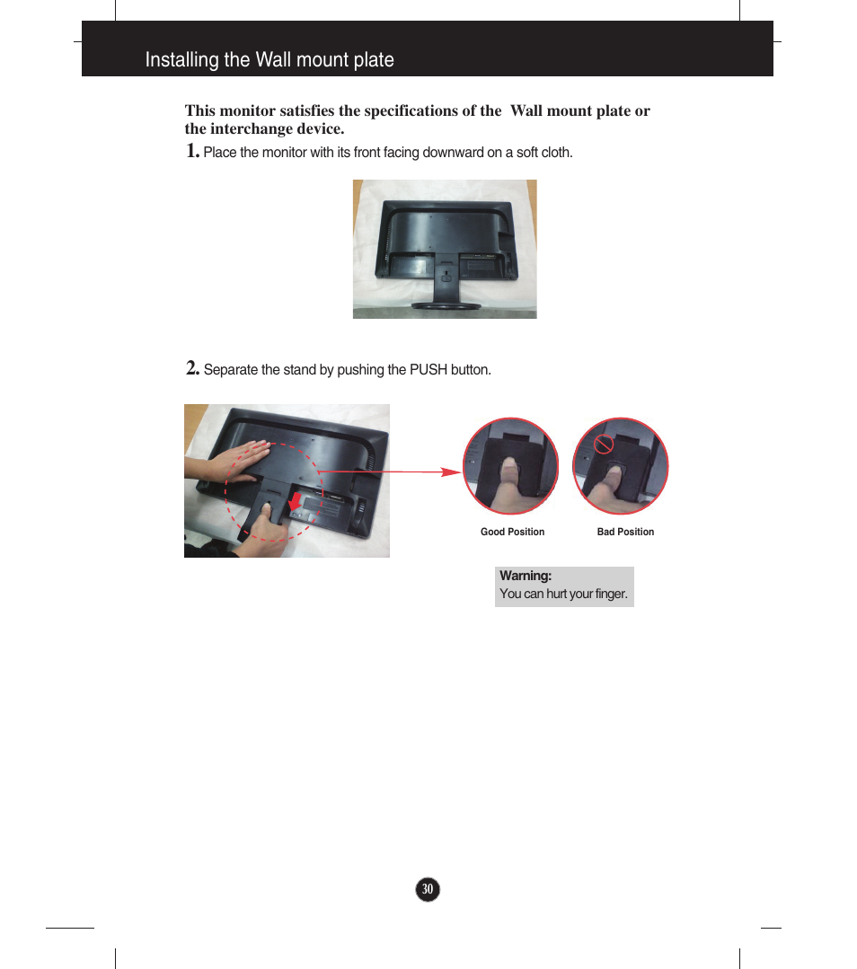 Installing the wall mount plate | LG E2211T-BN User Manual | Page 31 / 33