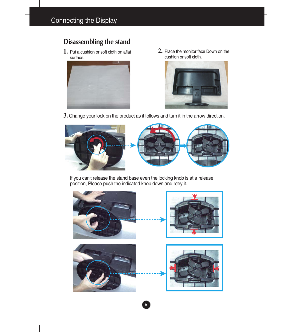 Disassembling the stand, Connecting the display | LG E2211T-BN User Manual | Page 7 / 33
