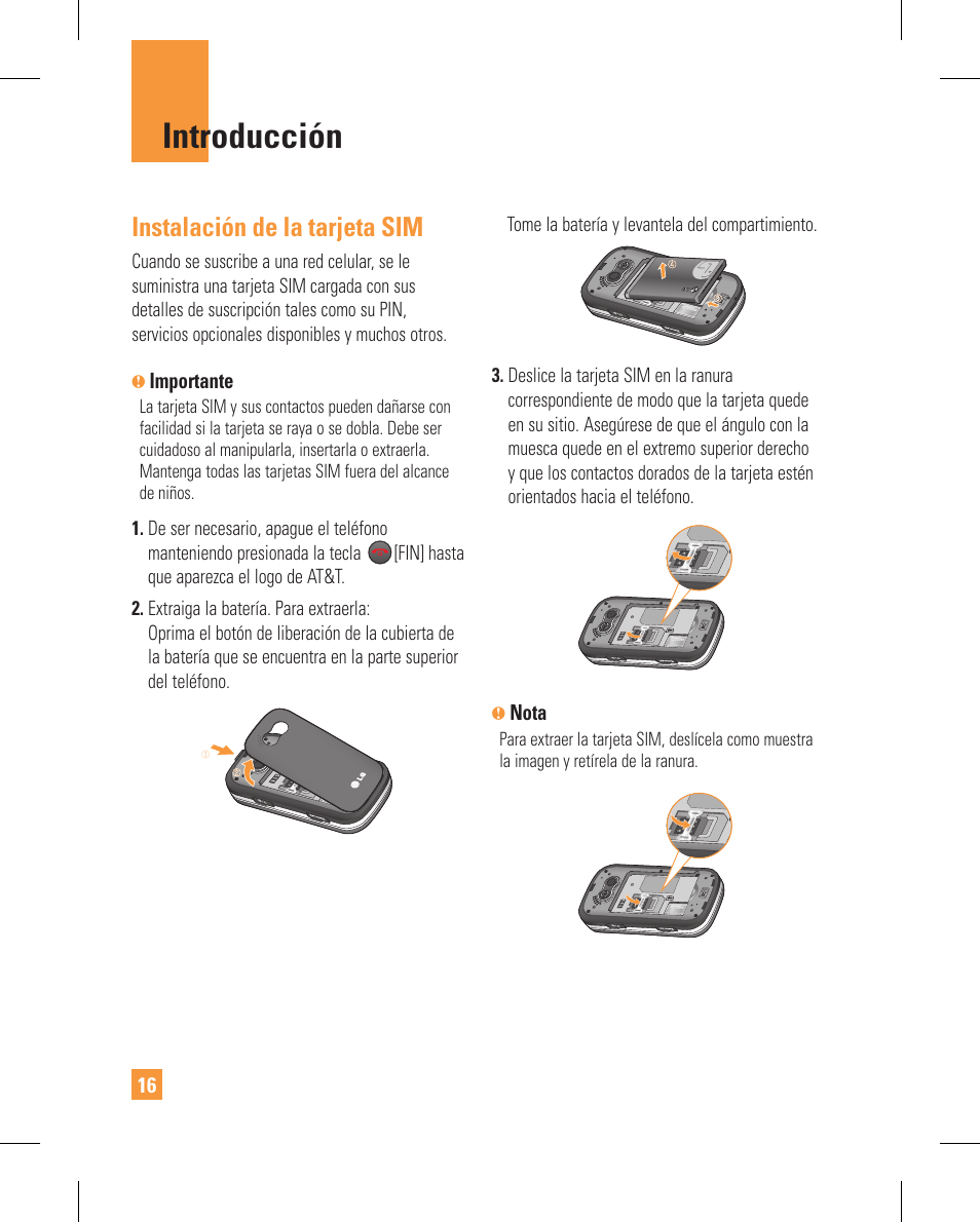 Introducción, Instalación de la tarjeta sim | LG GT365GO User Manual | Page 120 / 202