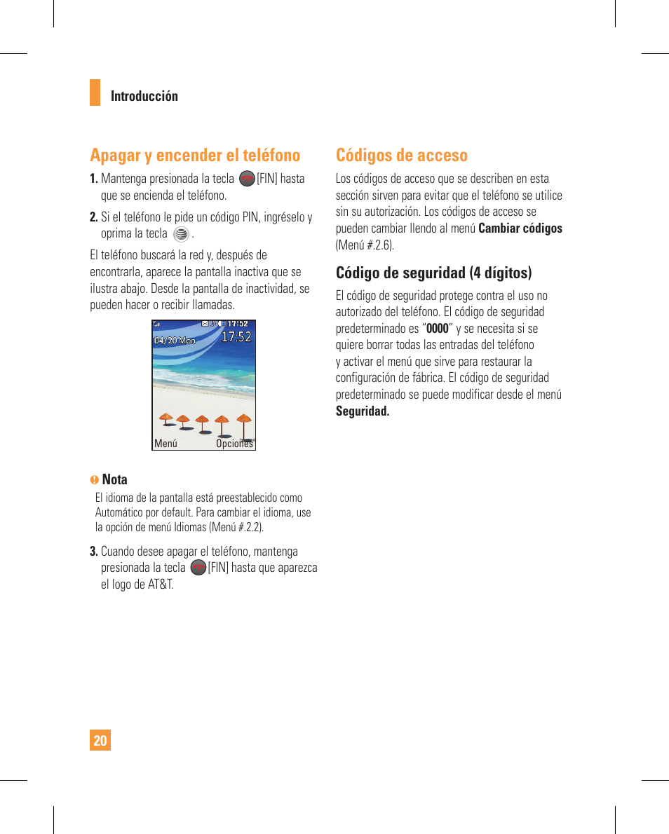 Apagar y encender el teléfono, Códigos de acceso | LG GT365GO User Manual | Page 124 / 202