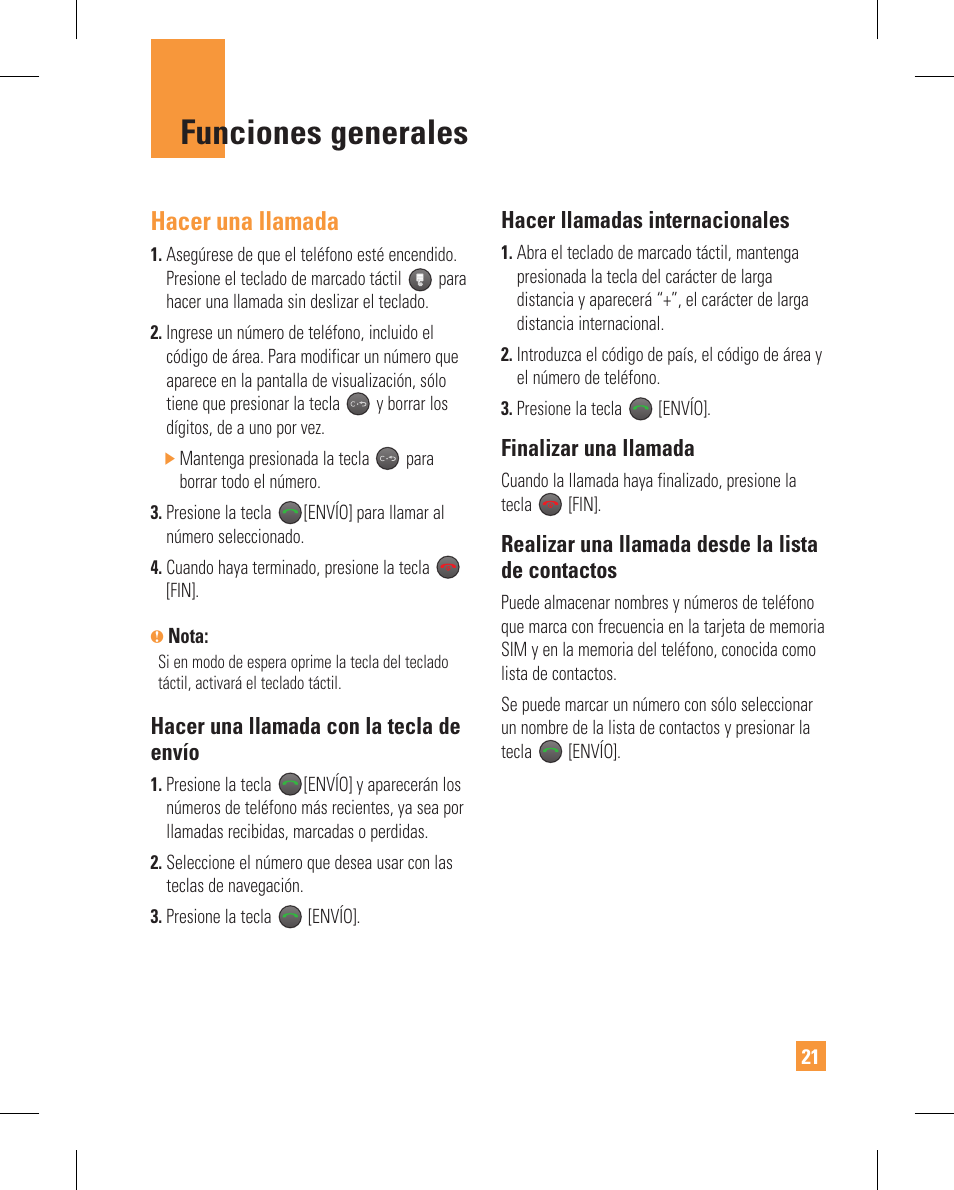 Funciones generales, Hacer una llamada | LG GT365GO User Manual | Page 125 / 202