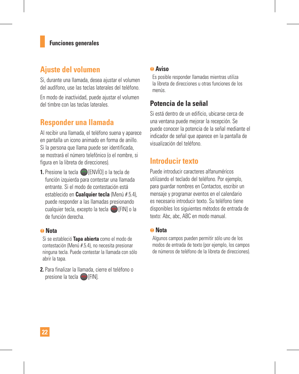 Ajuste del volumen, Responder una llamada, Introducir texto | LG GT365GO User Manual | Page 126 / 202