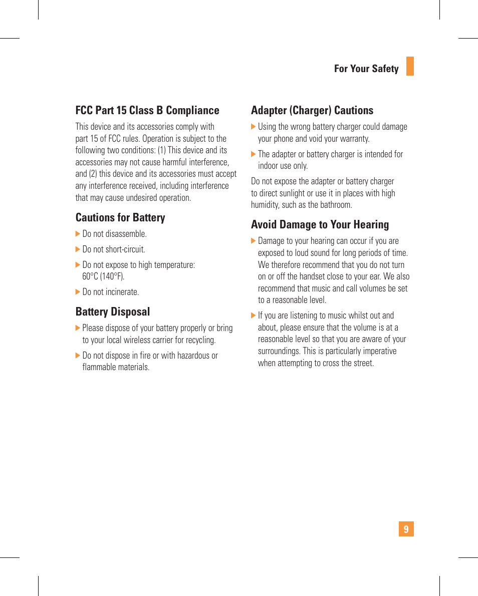 Fcc part 15 class b compliance, Cautions for battery, Battery disposal | Adapter (charger) cautions, Avoid damage to your hearing | LG GT365GO User Manual | Page 13 / 202