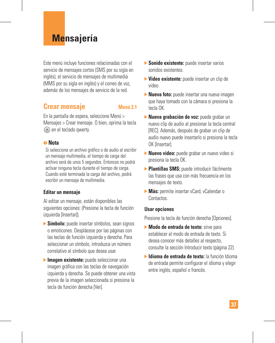 Mensajería, Crear mensaje | LG GT365GO User Manual | Page 141 / 202
