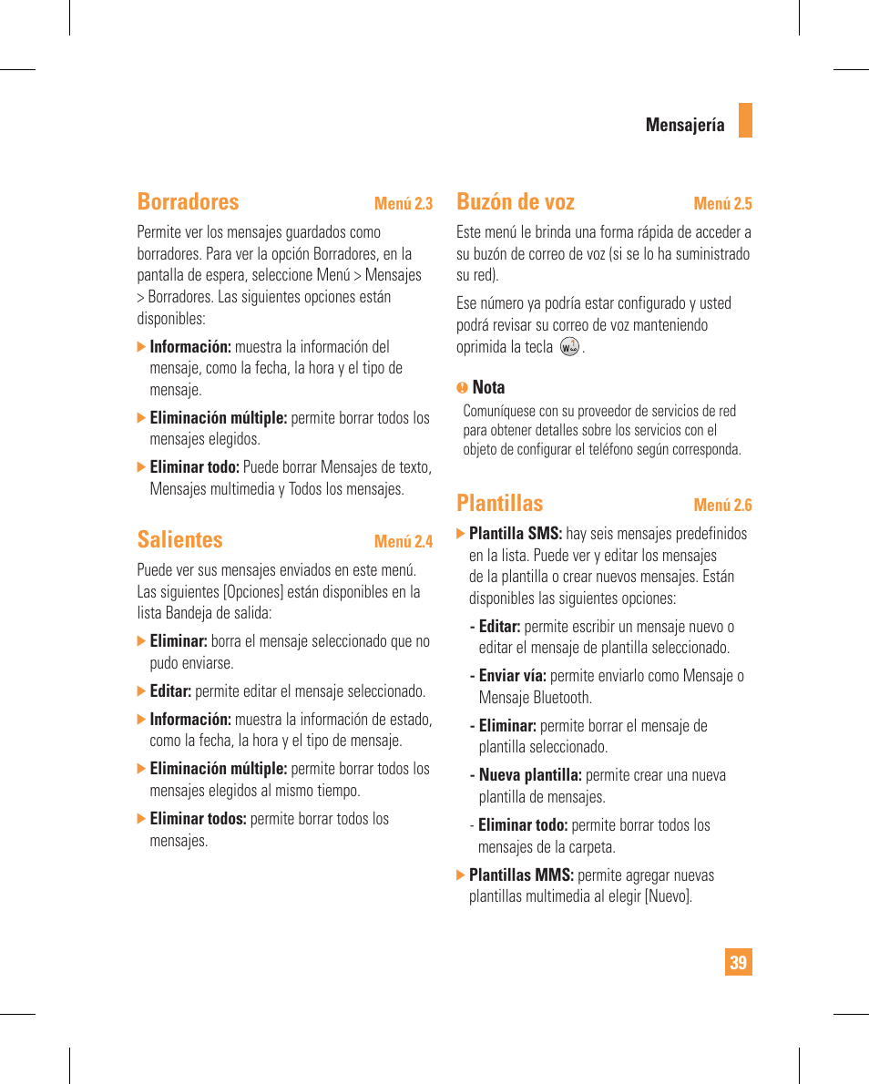 Borradores, Salientes, Buzón de voz | Plantillas | LG GT365GO User Manual | Page 143 / 202