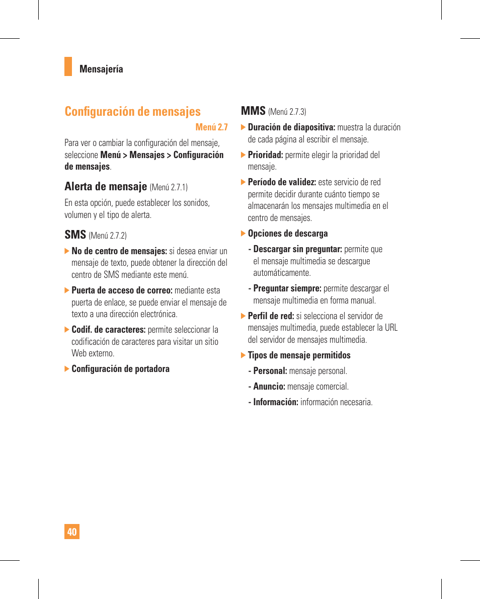 Confi guración de mensajes, Alerta de mensaje | LG GT365GO User Manual | Page 144 / 202
