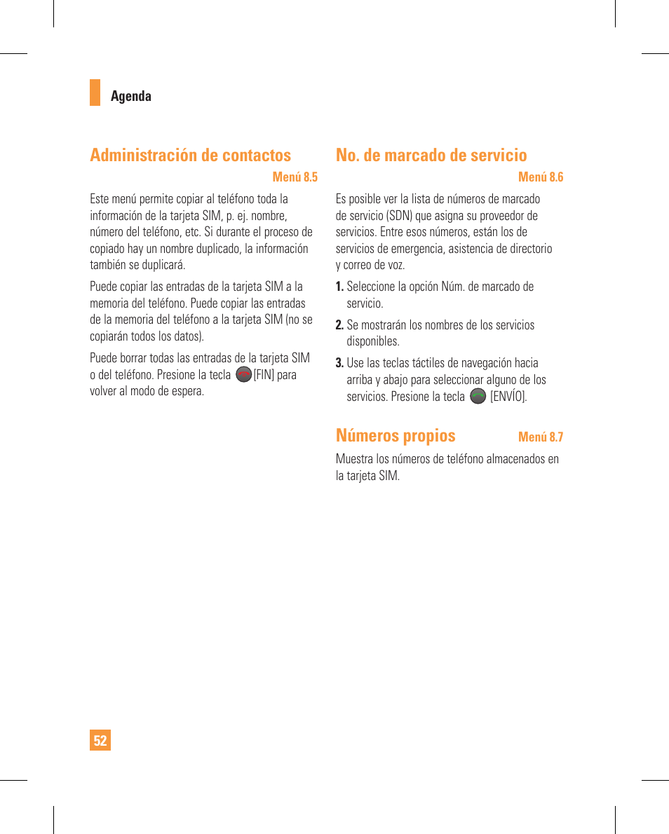 Administración de contactos, No. de marcado de servicio, Números propios | LG GT365GO User Manual | Page 156 / 202