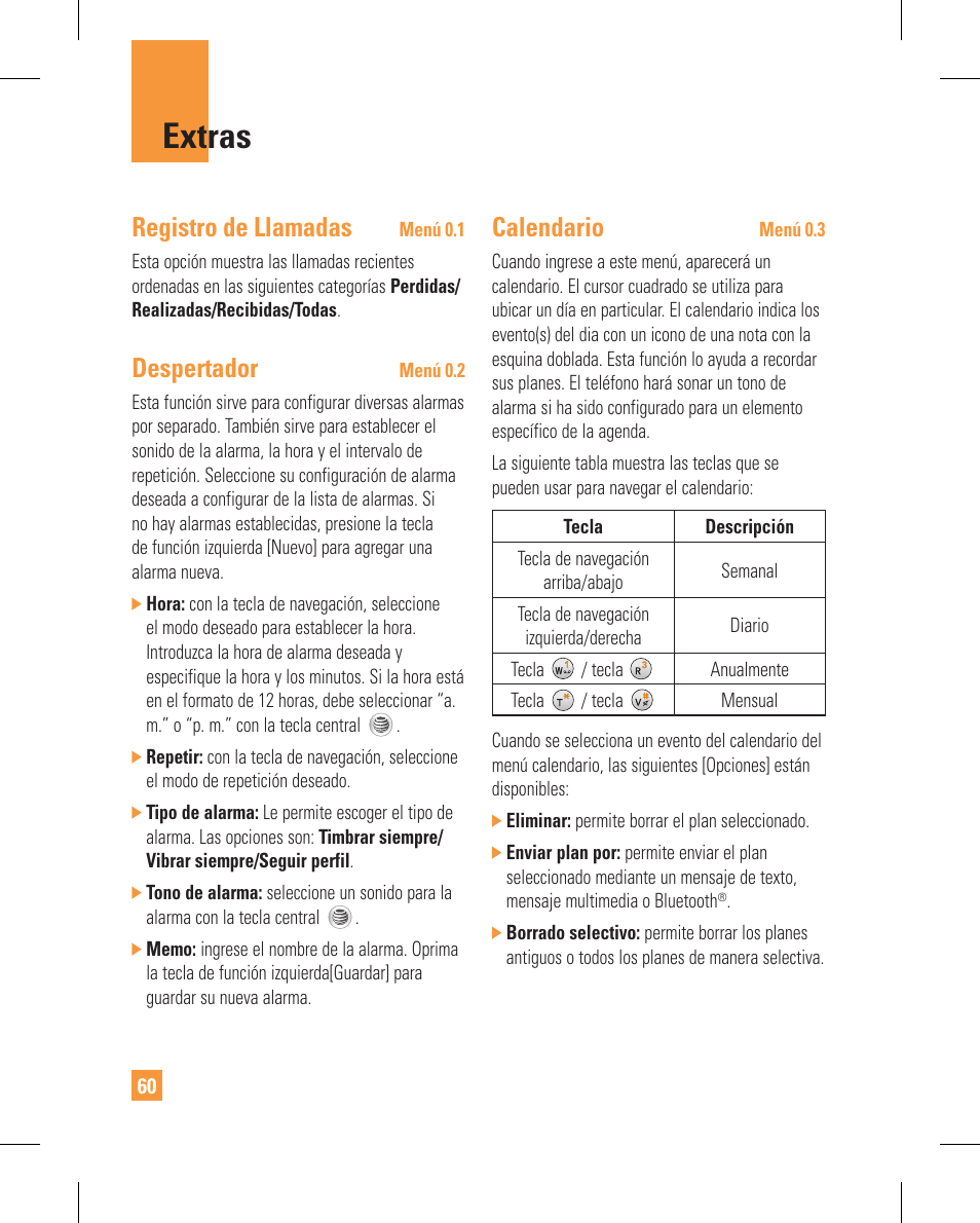 Extras, Registro de llamadas, Despertador | Calendario | LG GT365GO User Manual | Page 164 / 202