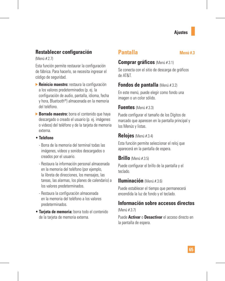 Pantalla, Restablecer configuración, Comprar gráficos | Fondos de pantalla, Fuentes, Relojes, Brillo, Iluminación, Información sobre accesos directos | LG GT365GO User Manual | Page 169 / 202