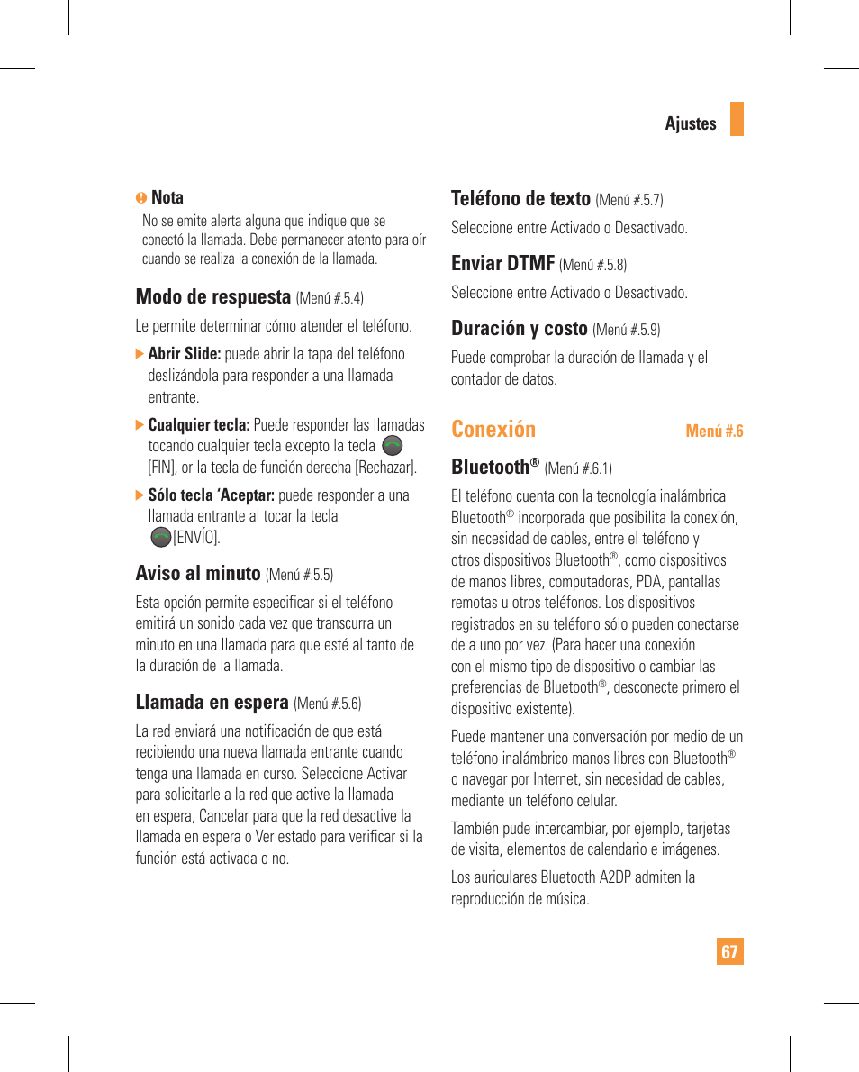 Conexión, Modo de respuesta, Aviso al minuto | Llamada en espera, Teléfono de texto, Enviar dtmf, Duración y costo, Bluetooth | LG GT365GO User Manual | Page 171 / 202