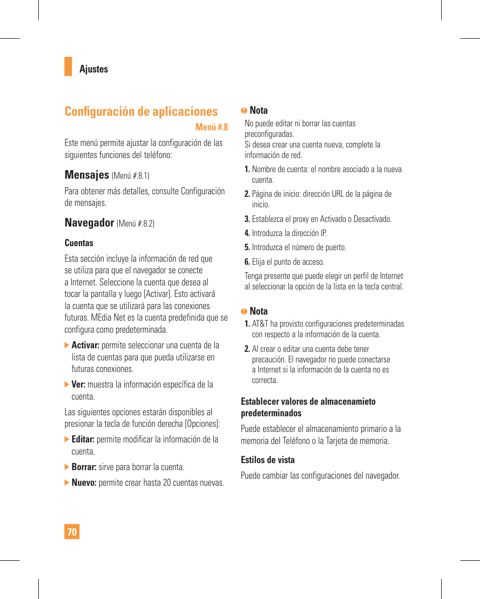 Confi guración de aplicaciones, Mensajes, Navegador | LG GT365GO User Manual | Page 174 / 202