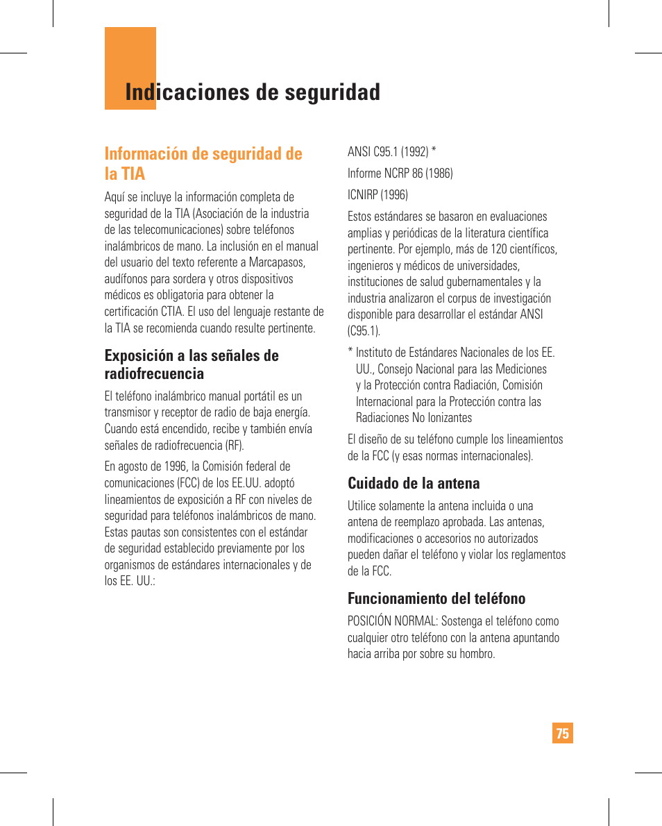 Indicaciones de seguridad, Información de seguridad de la tia | LG GT365GO User Manual | Page 179 / 202