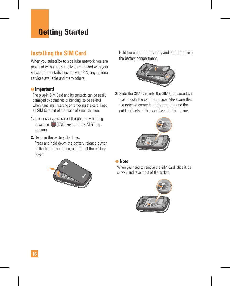 Getting started, Installing the sim card | LG GT365GO User Manual | Page 20 / 202