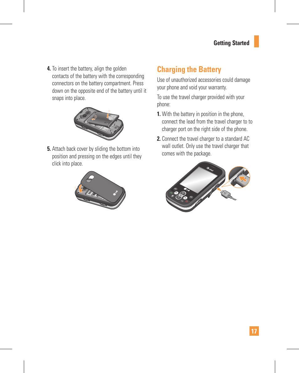 Charging the battery | LG GT365GO User Manual | Page 21 / 202