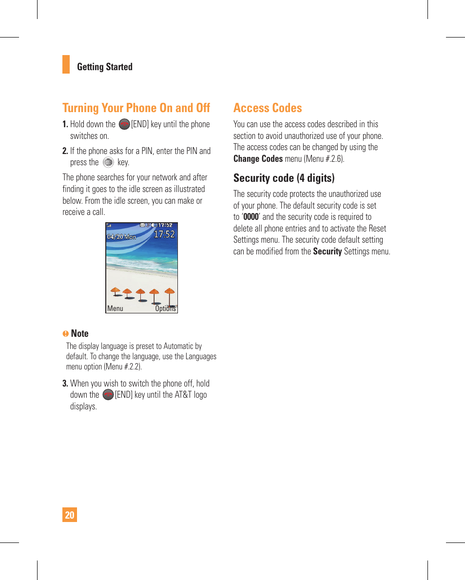 Turning your phone on and off, Access codes | LG GT365GO User Manual | Page 24 / 202