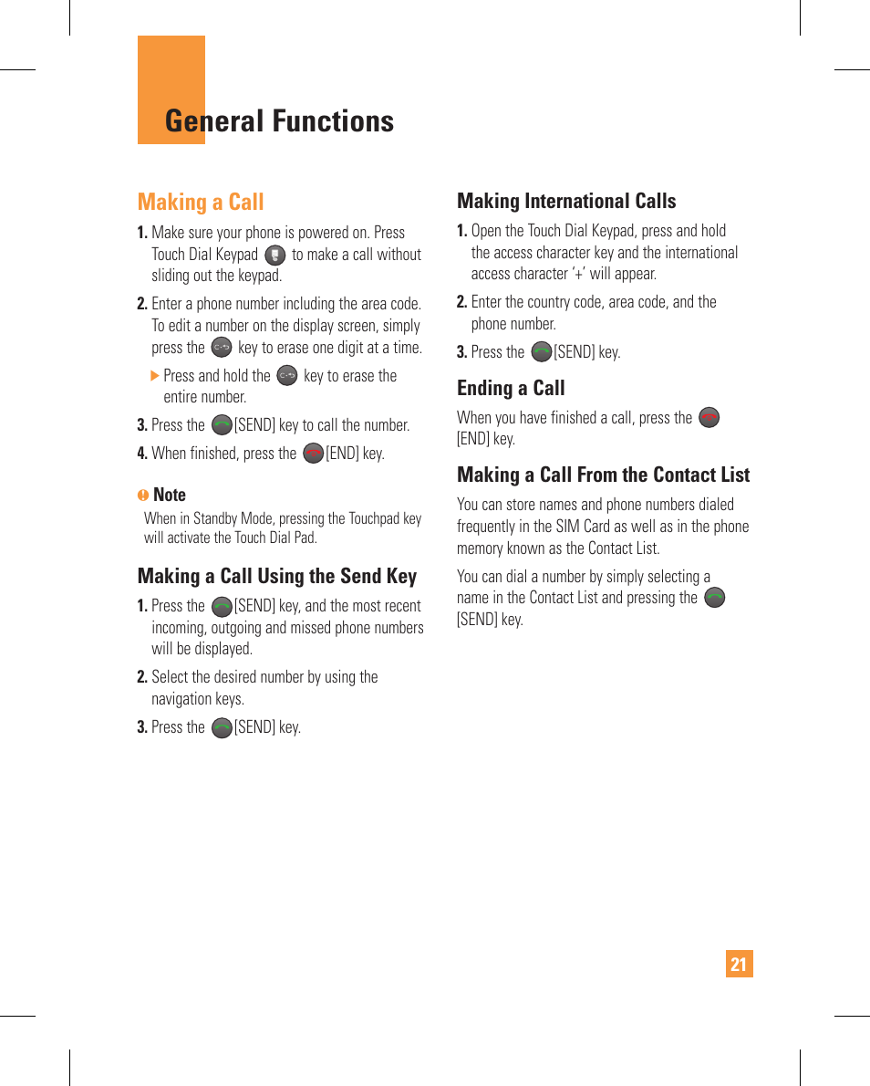 General functions, Making a call | LG GT365GO User Manual | Page 25 / 202