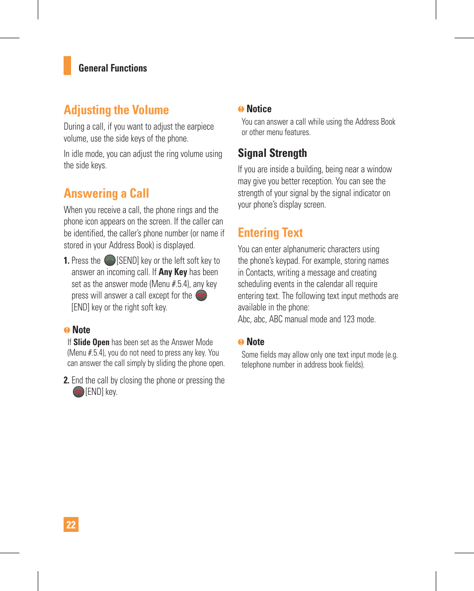 Adjusting the volume, Answering a call, Entering text | LG GT365GO User Manual | Page 26 / 202