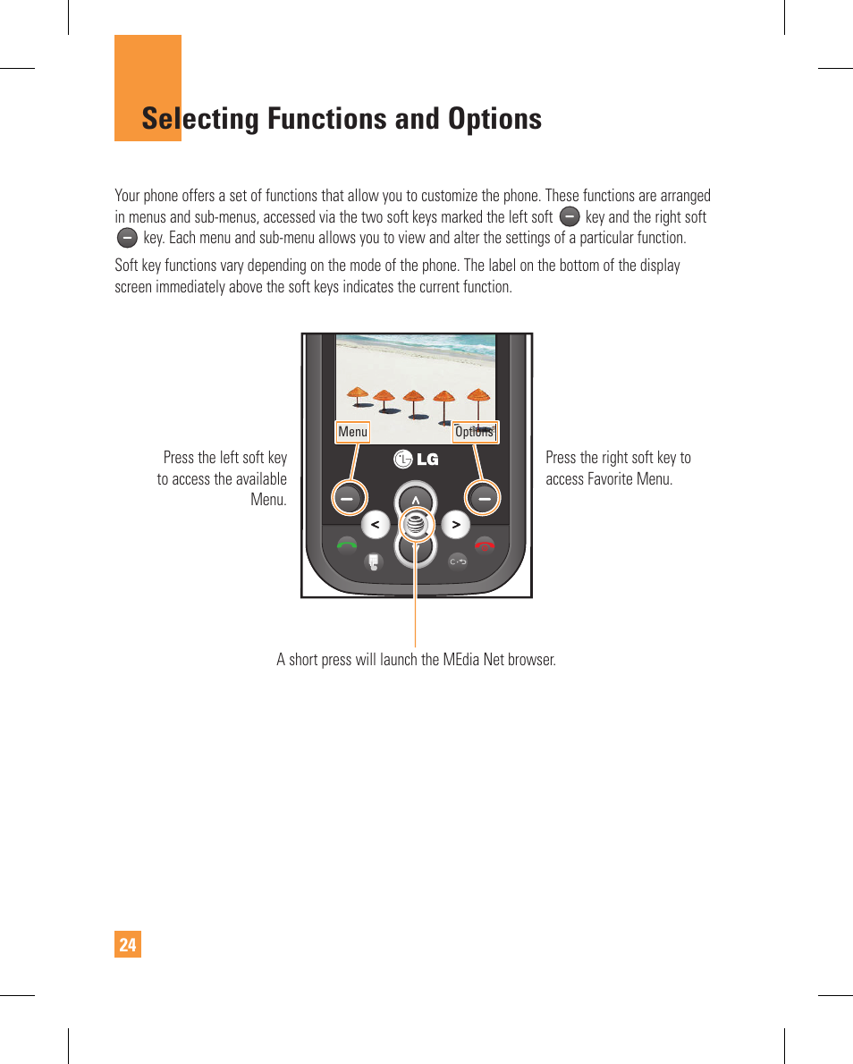 Selecting functions and options | LG GT365GO User Manual | Page 28 / 202