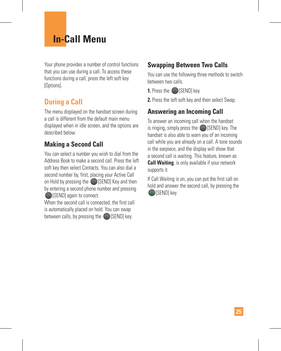 In-call menu, During a call | LG GT365GO User Manual | Page 29 / 202