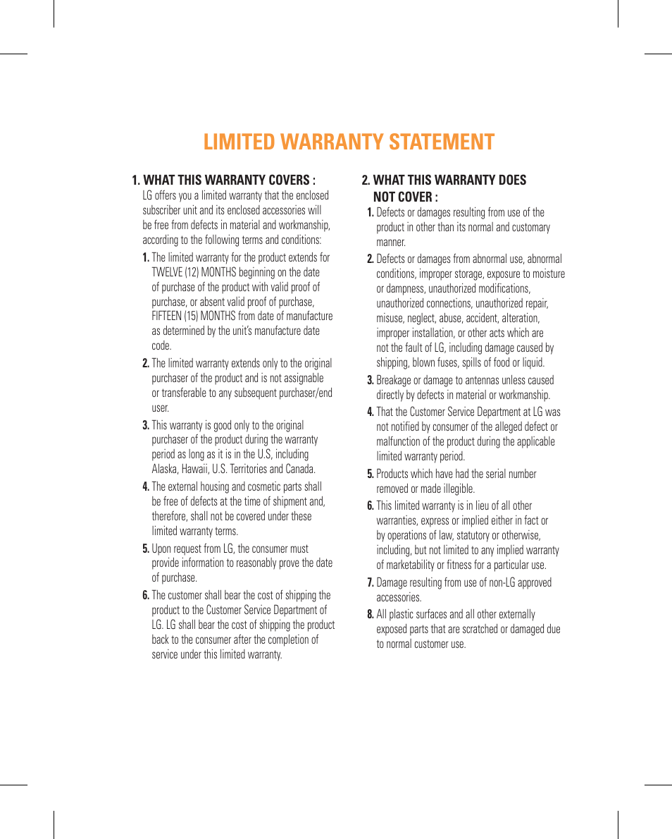 Limited warranty statement | LG GT365GO User Manual | Page 3 / 202