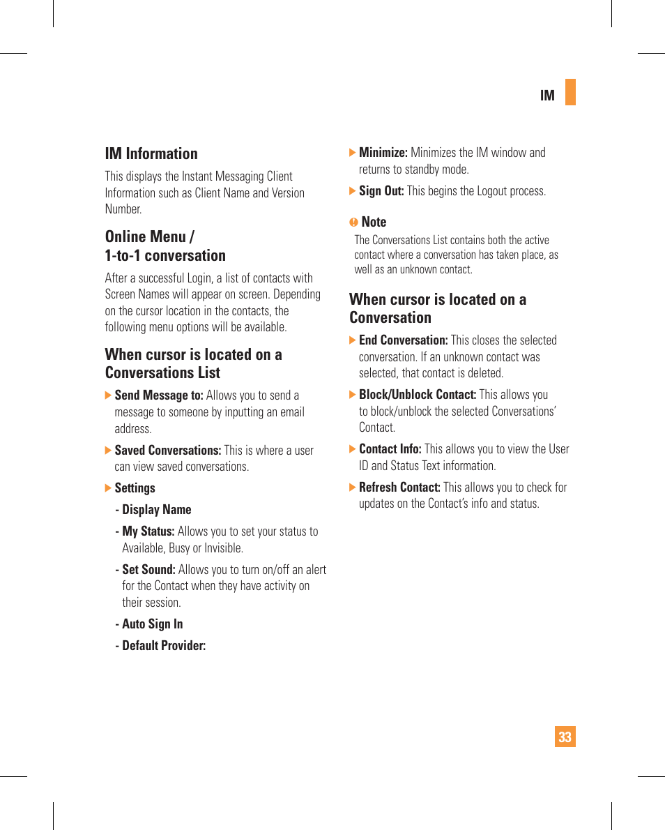 Im information, Online menu / 1-to-1 conversation, When cursor is located on a conversations list | When cursor is located on a conversation | LG GT365GO User Manual | Page 37 / 202
