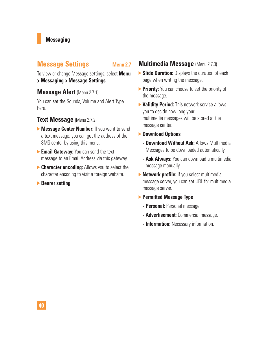 Message settings, Message alert, Text message | Multimedia message | LG GT365GO User Manual | Page 44 / 202