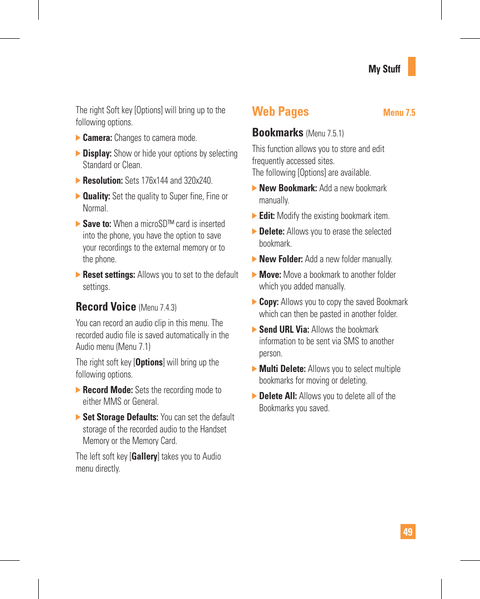 Web pages, Record voice, Bookmarks | LG GT365GO User Manual | Page 53 / 202