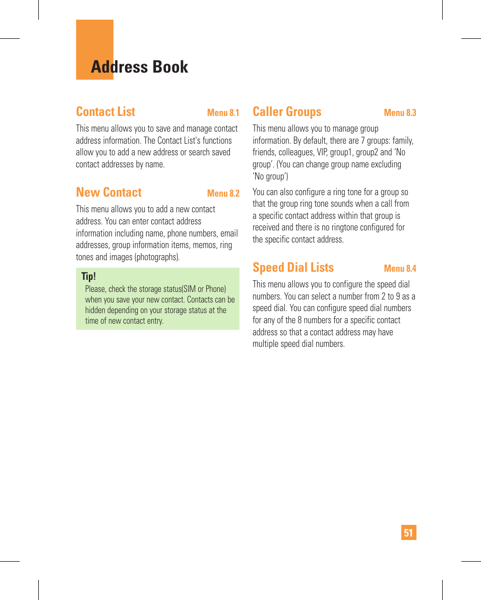 Address book, Contact list, New contact | Caller groups, Speed dial lists | LG GT365GO User Manual | Page 55 / 202