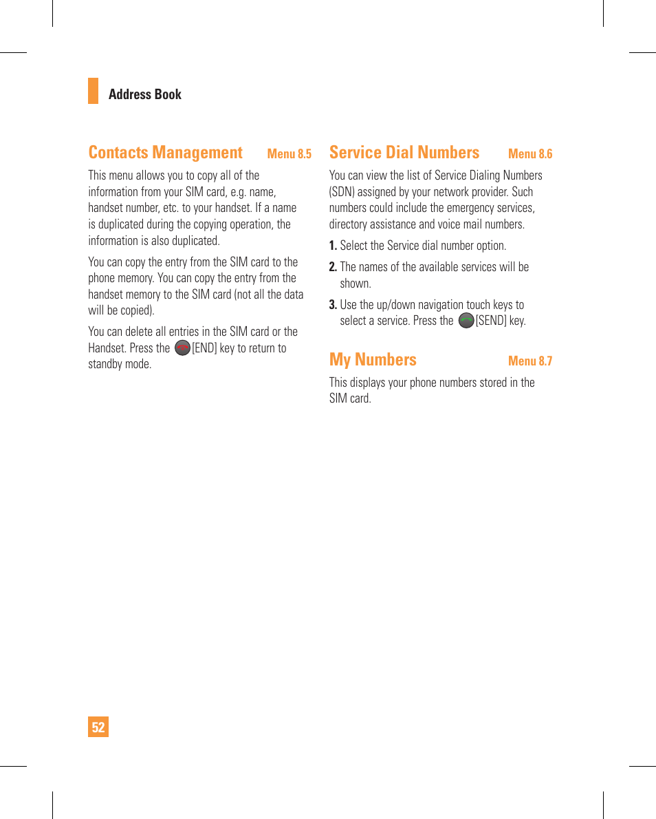 Contacts management, Service dial numbers, My numbers | LG GT365GO User Manual | Page 56 / 202