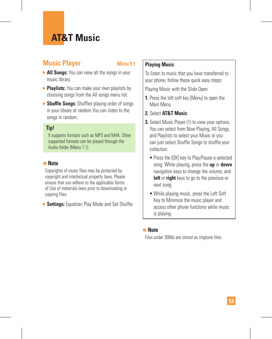 At&t music, Music player | LG GT365GO User Manual | Page 57 / 202