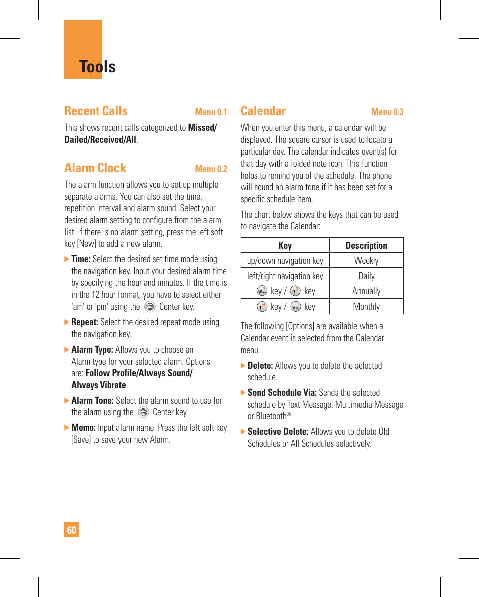 Tools, Recent calls, Alarm clock | Calendar | LG GT365GO User Manual | Page 64 / 202