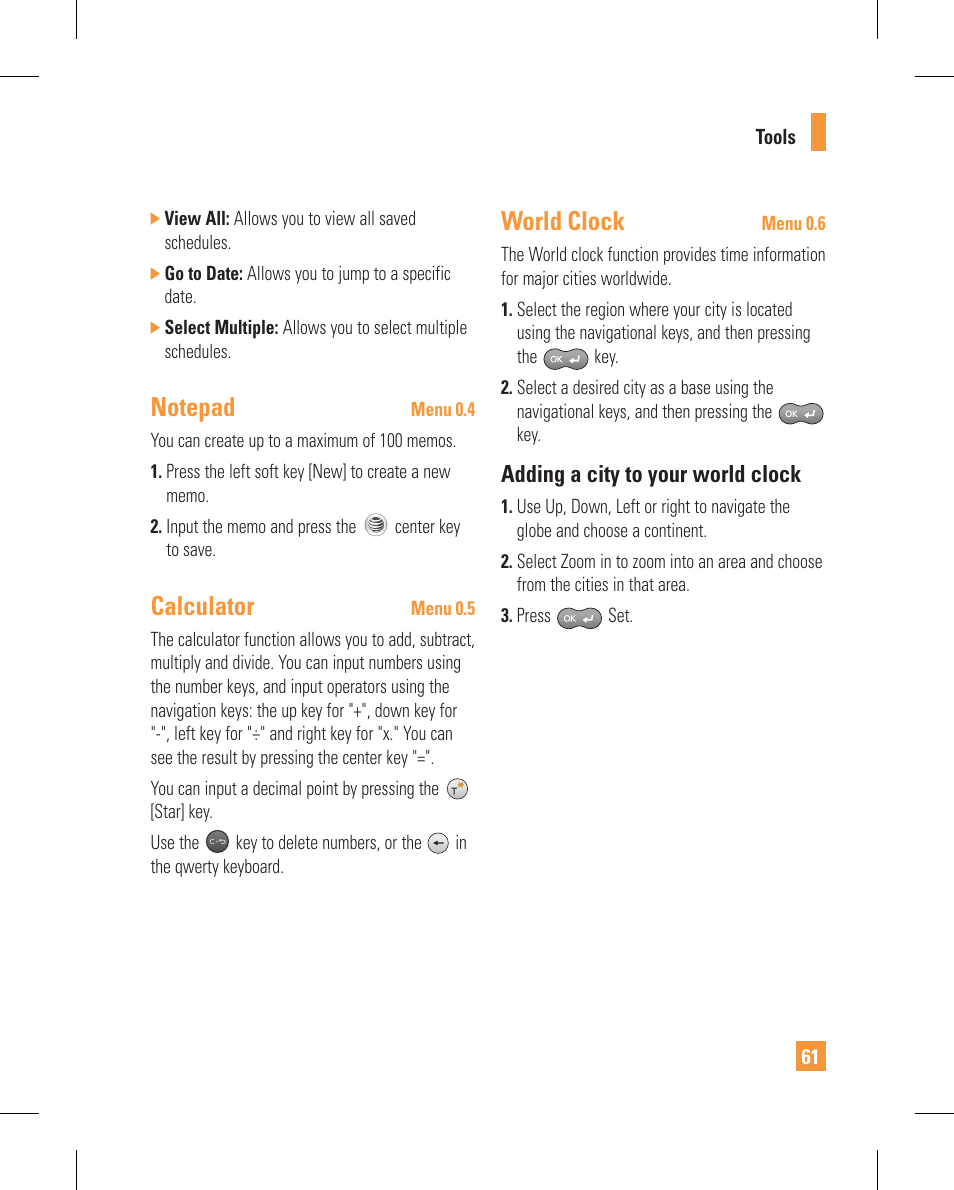 Calculator, World clock, Adding a city to your world clock | LG GT365GO User Manual | Page 65 / 202