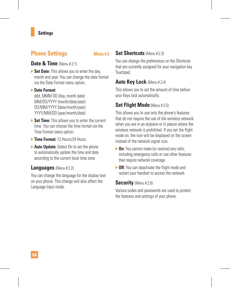 Phone settings, Date & time, Languages | Set shortcuts, Auto key lock, Set flight mode, Security | LG GT365GO User Manual | Page 68 / 202