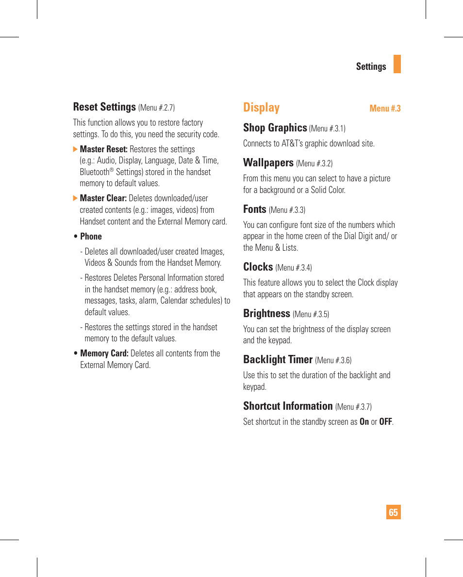 Display, Reset settings, Shop graphics | Wallpapers, Fonts, Clocks, Brightness, Backlight timer, Shortcut information | LG GT365GO User Manual | Page 69 / 202