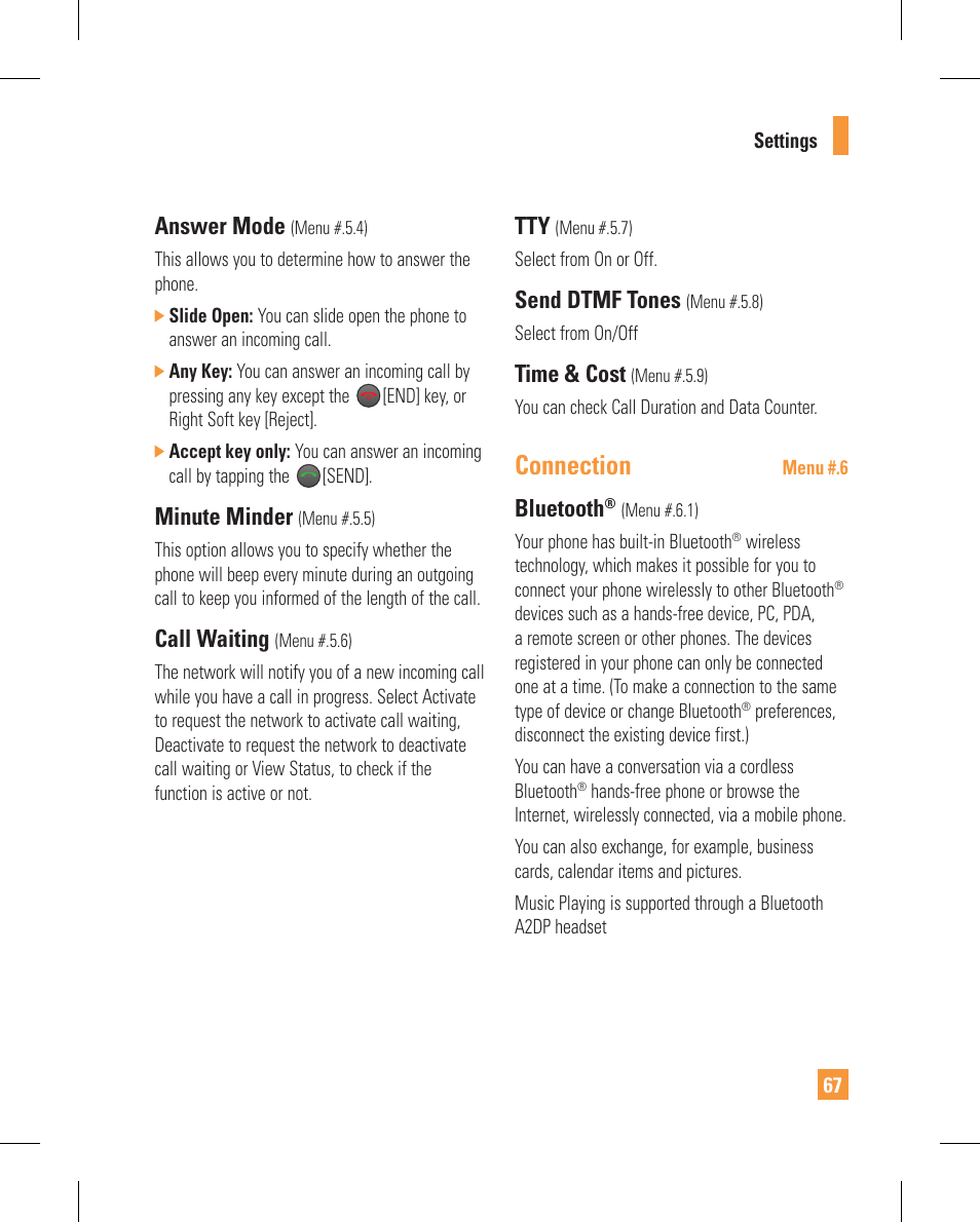 Connection, Answer mode, Minute minder | Call waiting, Send dtmf tones, Time & cost, Bluetooth | LG GT365GO User Manual | Page 71 / 202