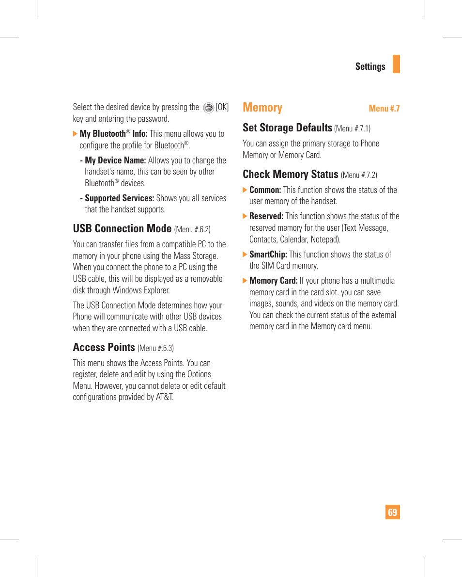 Usb connection mode, Access points, Set storage defaults | LG GT365GO User Manual | Page 73 / 202