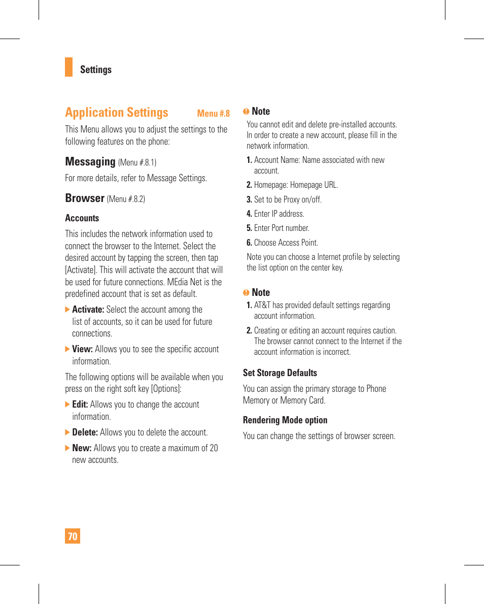 Application settings, Messaging, Browser | LG GT365GO User Manual | Page 74 / 202