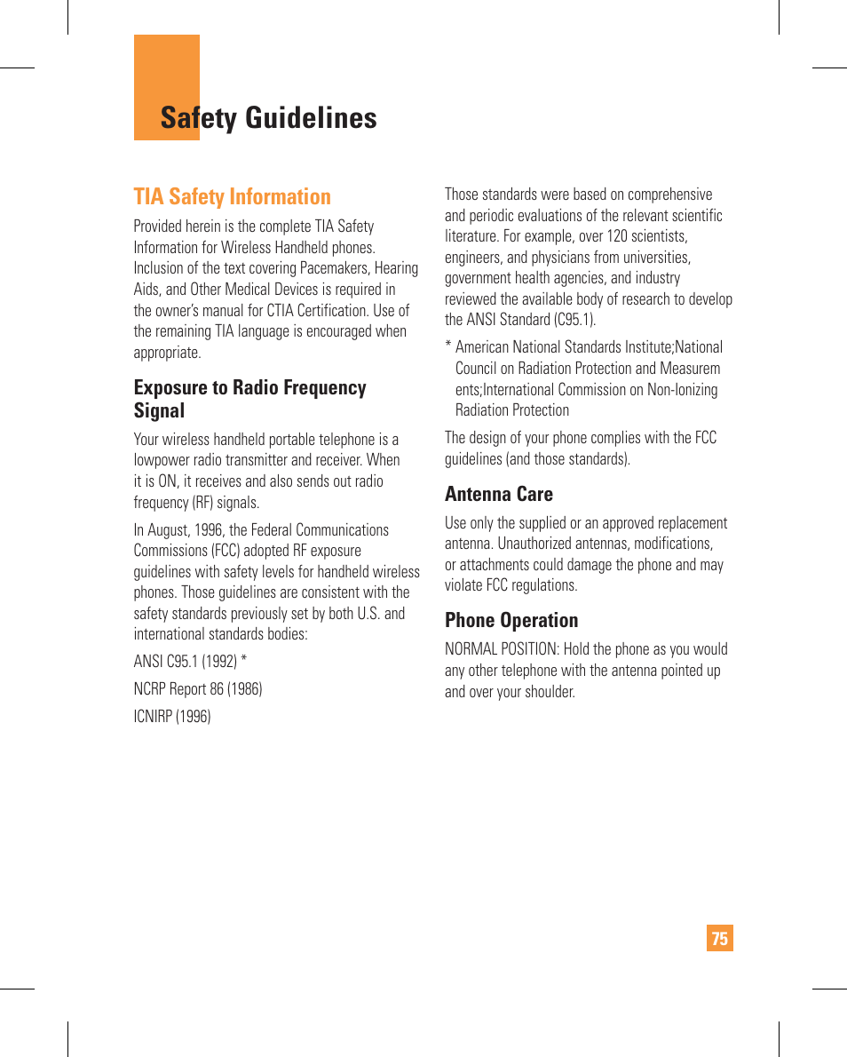 Safety guidelines, Tia safety information | LG GT365GO User Manual | Page 79 / 202