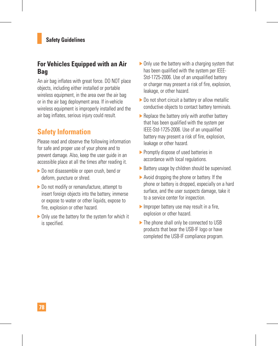 Safety information, For vehicles equipped with an air bag | LG GT365GO User Manual | Page 82 / 202