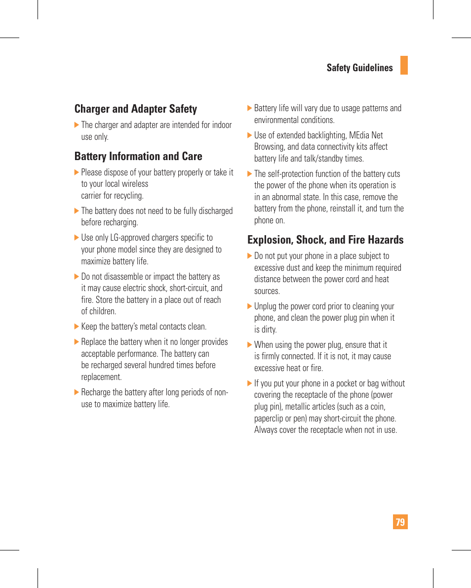 Charger and adapter safety, Battery information and care, Explosion, shock, and fire hazards | LG GT365GO User Manual | Page 83 / 202