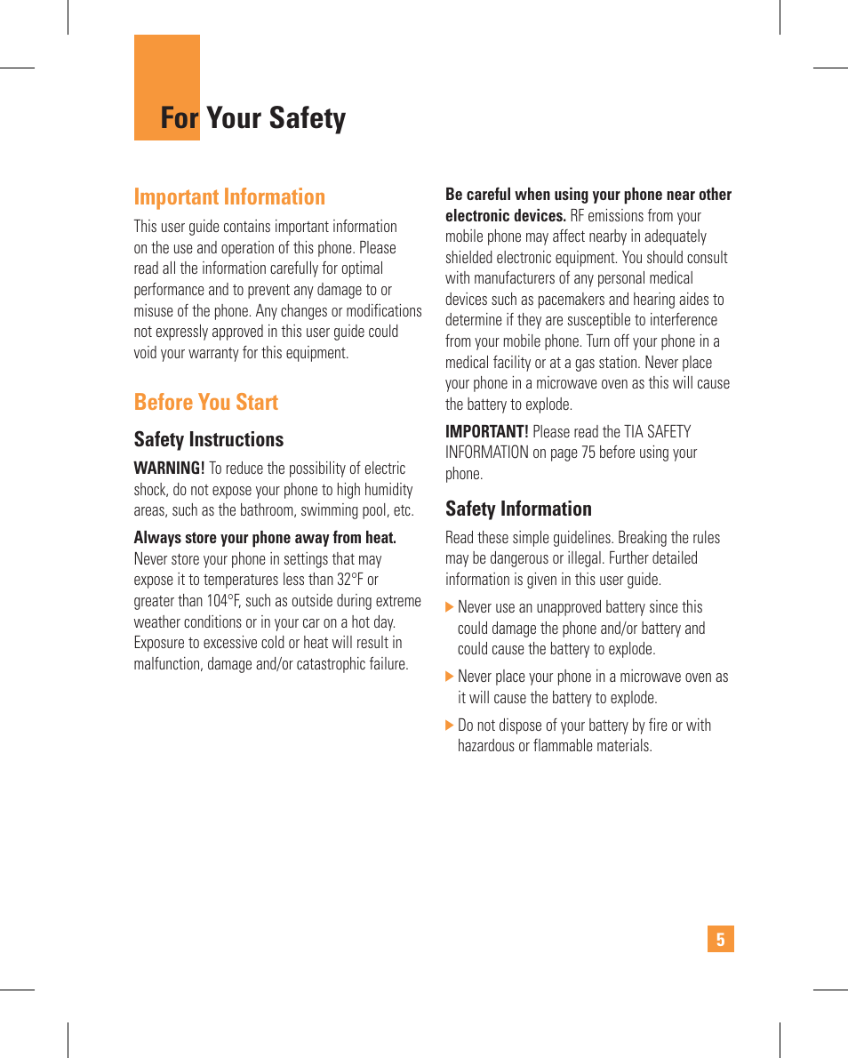 For your safety, Important information, Before you start | LG GT365GO User Manual | Page 9 / 202