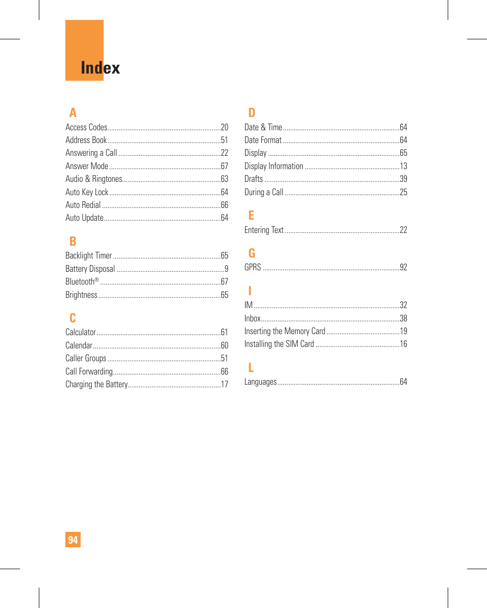 Index | LG GT365GO User Manual | Page 98 / 202